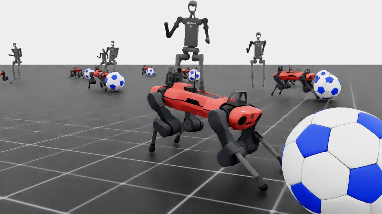 Quadruped and humanoid robots playing soccer in Isaac Lab