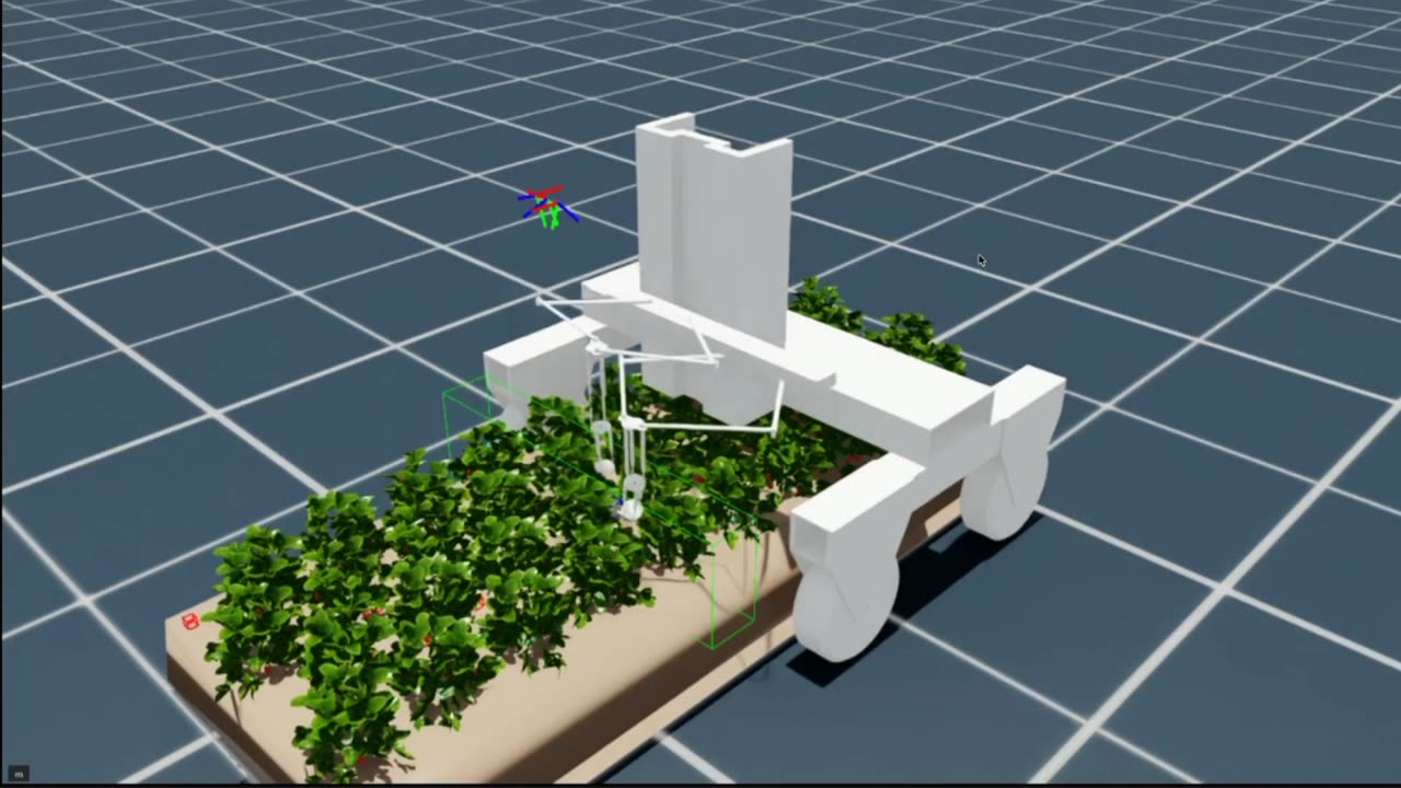 SHARP robot model over a simulated strawberry bed in Isaac Sim